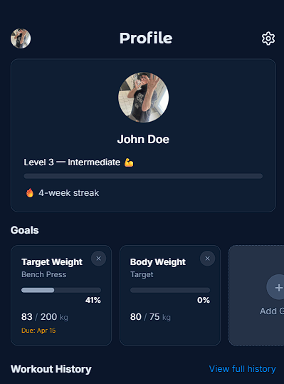 WeightLog user profile with fitness level, XP, and body measurements